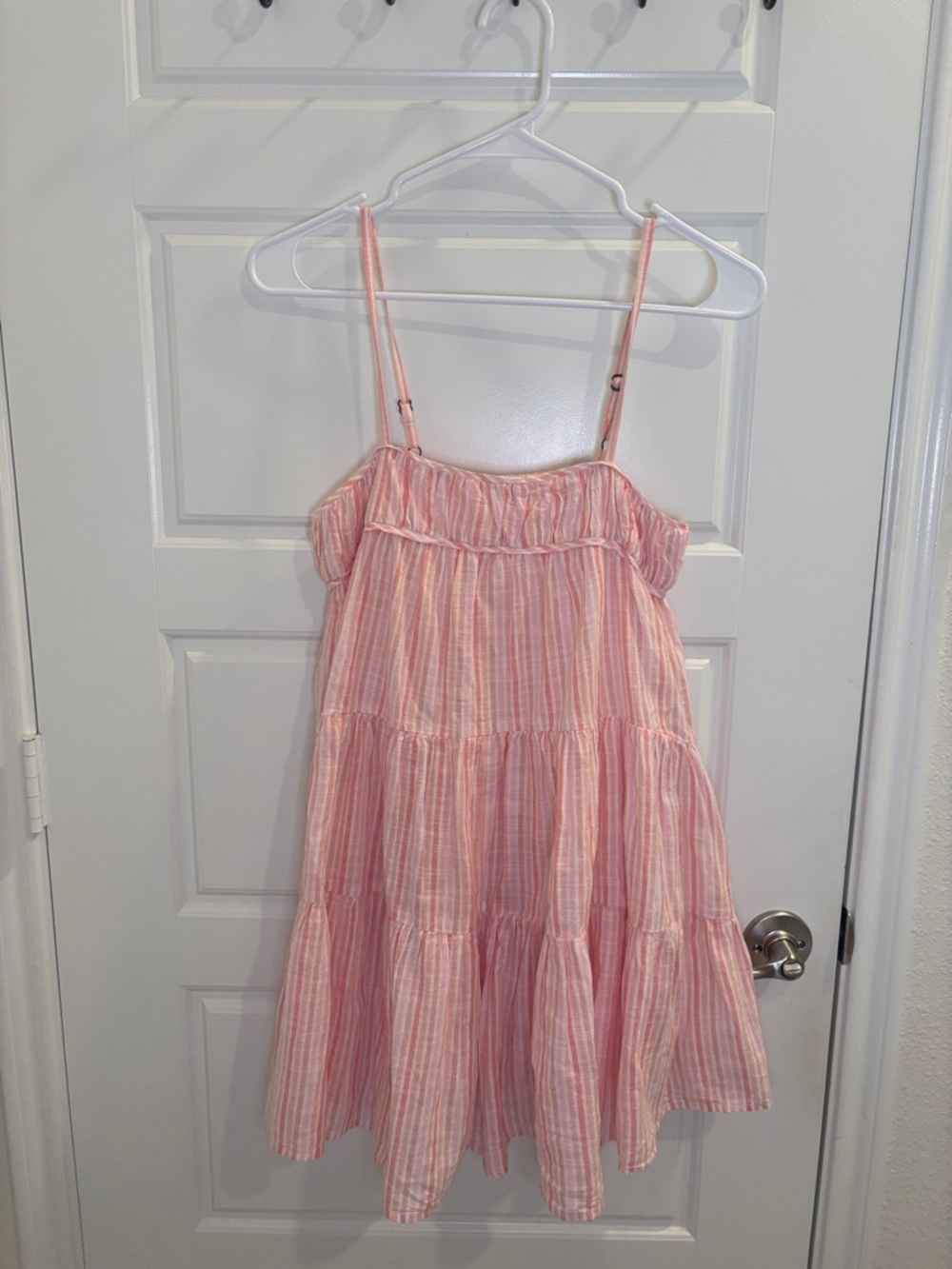 Arizona Jean Co Pink Stripe Mini Dress XS Tiered Ruffle Spaghetti Strap Summer